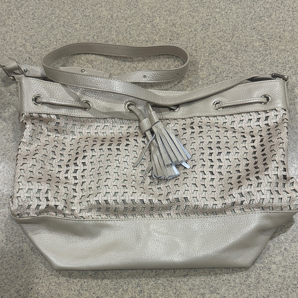 J McLaughlin Muted Gold Woven Shoulder Tote Bag